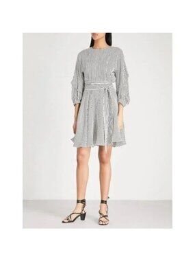 Maje Roxby Smocked Striped Belted Dress Sz 3 / 8 US White Cupro Made in France